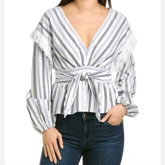 Saylor Linen Blend Jil Top with Belt and Fringe Detail, Size Medium - Picture 1 of 11